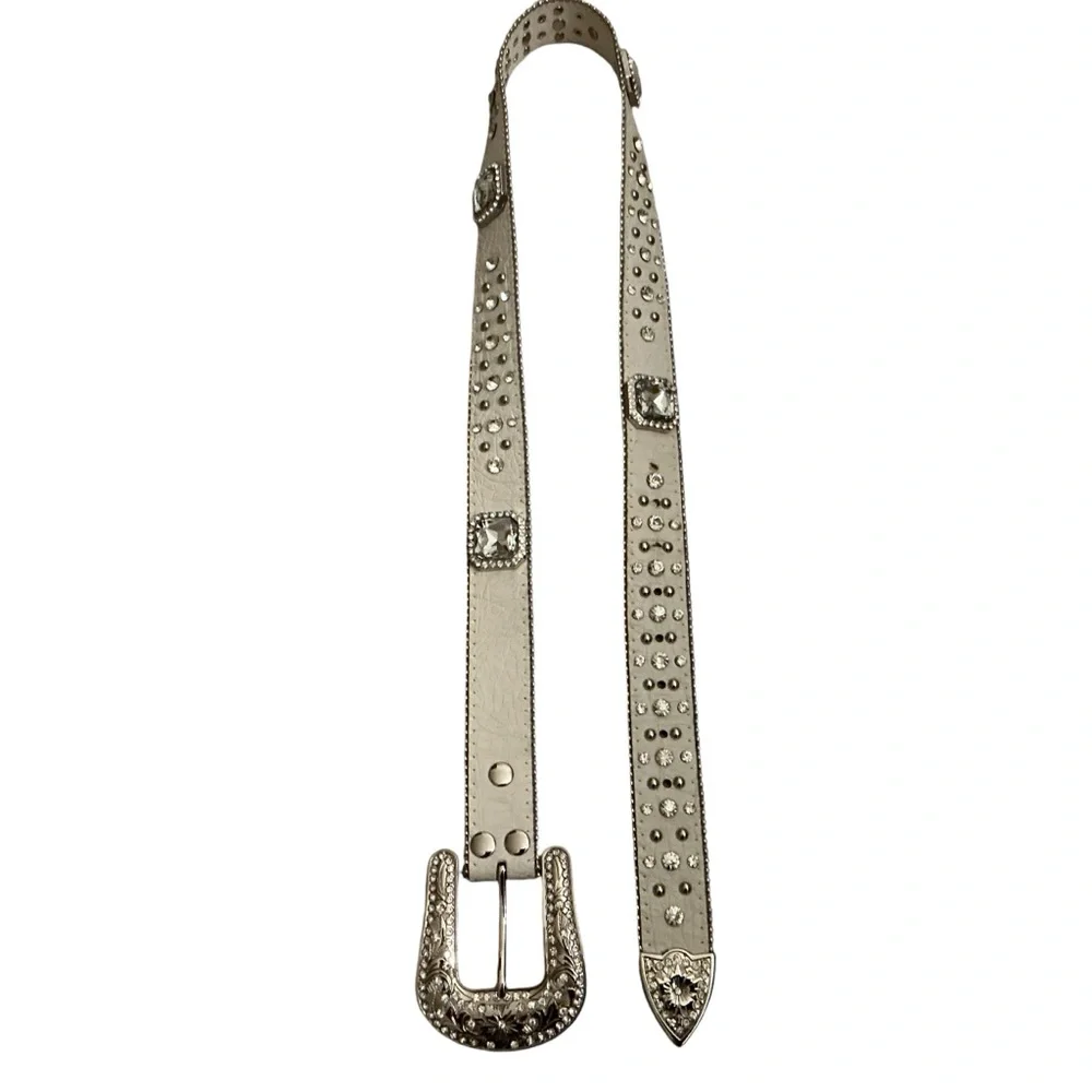 Western rhinestone studded belt cowgirl rodeo pageant bling buckle white large